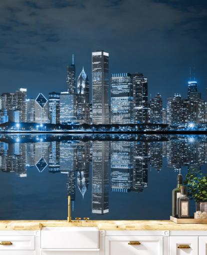 sininen chicago-taustakuvamaalaus nimeltä Chicago Downtown at Night olohuoneisiin, makuuhuoneisiin ja yrityksiin