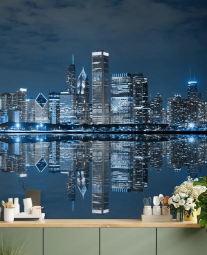 blue chicago wallpaper mural called Chicago Downtown at Night for living rooms, bedrooms and businesses