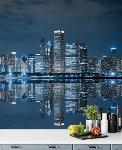 blå chicago tapetmaleri kaldet Chicago Downtown at Night til stuer, soveværelser og virksomheder