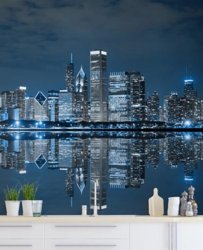 blue chicago wallpaper mural called Chicago Downtown at Night for living rooms, bedrooms and businesses