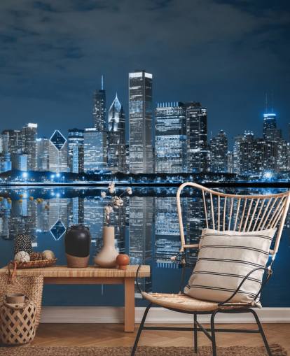 blue chicago wallpaper mural called Chicago Downtown at Night for living rooms, bedrooms and businesses