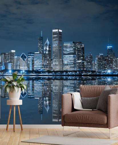 blue chicago wallpaper mural called Chicago Downtown at Night for living rooms, bedrooms and businesses