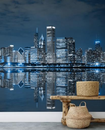 sininen chicago-taustakuvamaalaus nimeltä Chicago Downtown at Night olohuoneisiin, makuuhuoneisiin ja yrityksiin sininen chicago-taustakuvamaalaus nimeltä Chicago Downtown at Night olohuoneisiin, makuuhuoneisiin ja yrityksiin