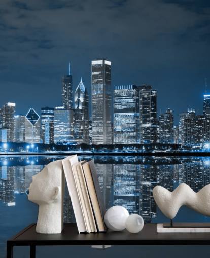 blue chicago wallpaper mural called Chicago Downtown at Night for living rooms, bedrooms and businesses