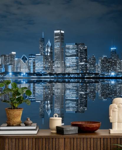 Blaues Chicago-Tapetentapete namens Chicago Downtown at Night für Wohnzimmer, Schlafzimmer und Geschäfte Blaues Chicago-Tapetentapete namens Chicago Downtown at Night für Wohnzimmer, Schlafzimmer und Geschäfte