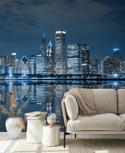 carta da parati murale blu di Chicago chiamata Chicago Downtown at Night per salotti, camere da letto e aziende