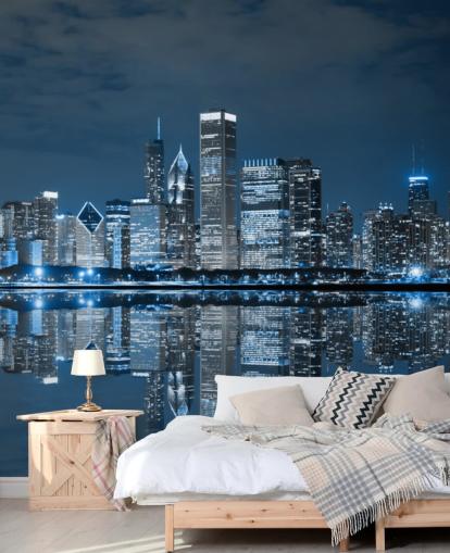 blue chicago wallpaper mural called Chicago Downtown at Night for living rooms, bedrooms and businesses