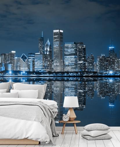mural de papel de parede azul de chicago chamado Chicago Downtown at Night para salas de estar, quartos e empresas