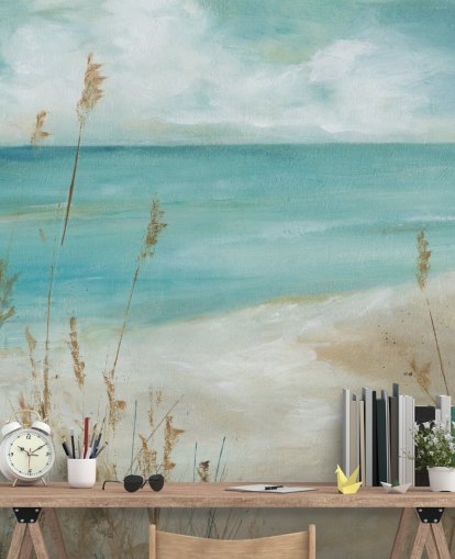 mural abstracto de papel pintado marino llamado Seagrass Seascape de Carol Robinson para salas de estar, dormitorios y baños
