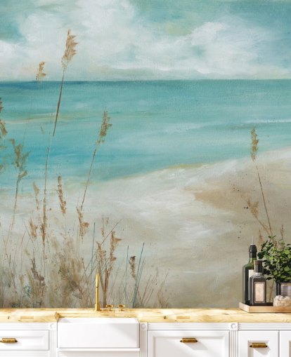 Carol Robinsonin abstrakti meritapettiseinämaalaus nimeltä Seagrass Seascape olohuoneisiin, makuuhuoneisiin ja kylpyhuoneisiin