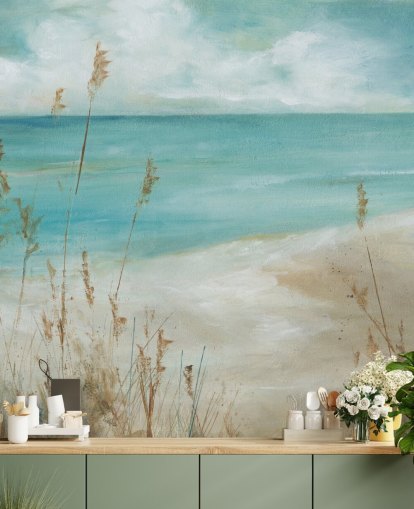 mural abstracto de papel pintado marino llamado Seagrass Seascape de Carol Robinson para salas de estar, dormitorios y baños