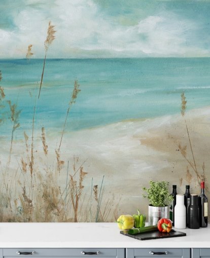 mural abstracto de papel pintado marino llamado Seagrass Seascape de Carol Robinson para salas de estar, dormitorios y baños