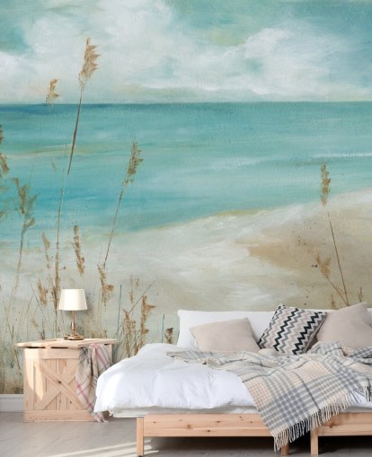 mural abstracto de papel pintado marino llamado Seagrass Seascape de Carol Robinson para salas de estar, dormitorios y baños