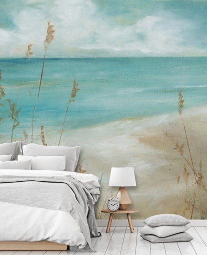 mural abstracto de papel pintado marino llamado Seagrass Seascape de Carol Robinson para salas de estar, dormitorios y baños