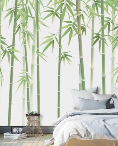 mural de papel pintado de bambú personalizado verde llamado Bambú verde y blanco