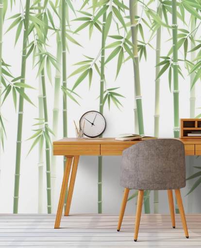 mural de papel pintado de bambú personalizado verde llamado Bambú verde y blanco