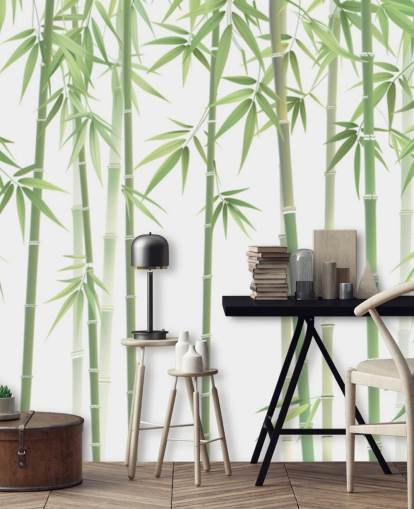 mural de papel pintado de bambú personalizado verde llamado Bambú verde y blanco