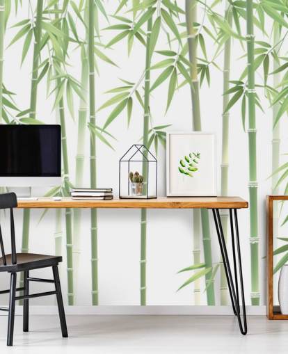 mural de papel de parede de bambu personalizado verde chamado Bambu Verde e Branco