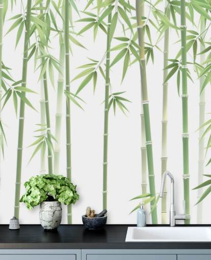 groene op maat gemaakte bamboe behangmuurschildering genaamd Green and White Bamboo