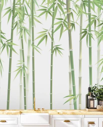 mural de papel pintado de bambú personalizado verde llamado Bambú verde y blanco