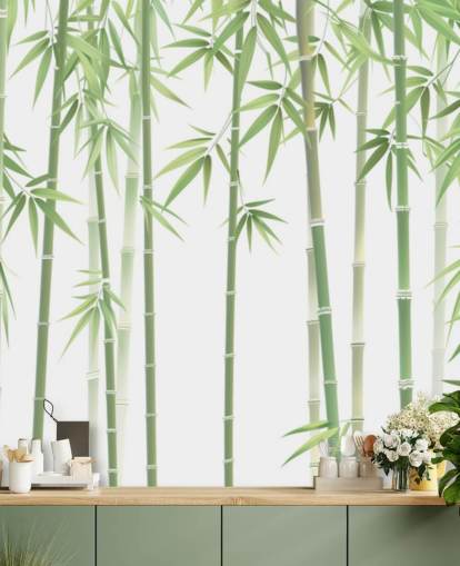 grünes kundenspezifisches Bambus-Tapeten-Wandbild namens Green and White Bamboo grünes kundenspezifisches Bambus-Tapeten-Wandbild namens Green and White Bamboo