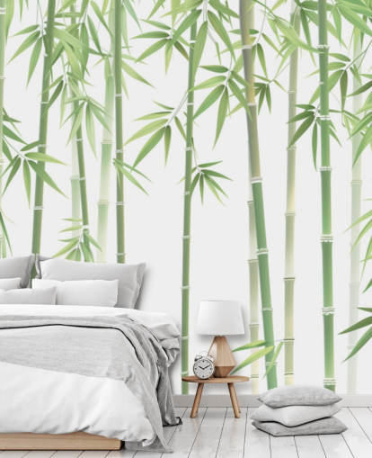 mural de papel pintado de bambú personalizado verde llamado Bambú verde y blanco