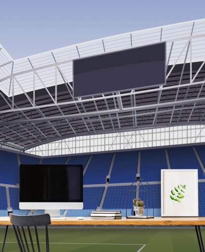 blå og grøn tilpasselig everton tapetmaleri kaldet Everton Stadium Football Stadium af Matthew J I Wood