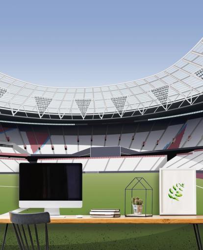grön och vit anpassningsbar West Ham United tapetväggmålning som heter London Stadium Football Stadium av Matthew J I Wood för sovrum och hemmakontor