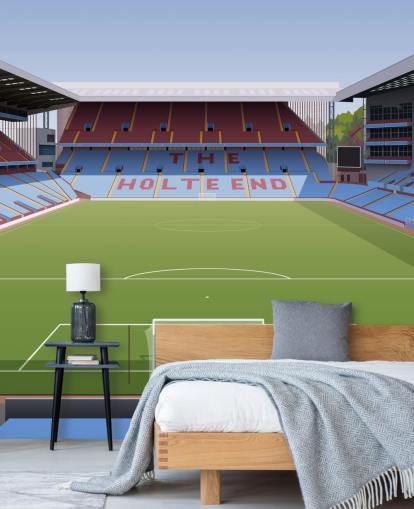 mural de papel de parede azul, marrom e verde do Aston Villa chamado Villa Park Football Stadium para quartos de adolescentes, cavernas masculinas e escritórios domésticos