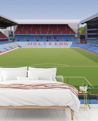 mural de papel de parede azul, marrom e verde do Aston Villa chamado Villa Park Football Stadium para quartos de adolescentes, cavernas masculinas e escritórios domésticos