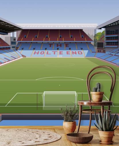 blå, rödbrun och grön aston villa tapetväggmålning kallad Villa Park Football Stadium för tonårsrum, mangrottor och hemmakontor