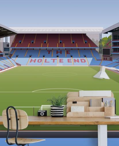 carta da parati murale blu, marrone e verde dell'aston villa chiamata Villa Park Football Stadium per camere da letto per adolescenti, grotte maschili e uffici domestici