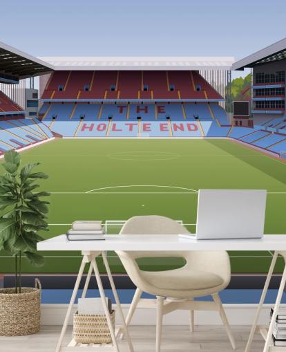sininen, kastanjanruskea ja vihreä aston villa -taustakuvamaalaus nimeltä Villa Park Football Stadium teini-ikäisten makuuhuoneisiin, miesten luoliin ja kotitoimistoihin