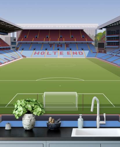 blauwe, kastanjebruine en groene Aston Villa behangmuurschildering genaamd Villa Park Football Stadium voor tienerkamers, mancaves en thuiskantoren blauwe, kastanjebruine en groene Aston Villa behangmuurschildering genaamd Villa Park Football Stadium voor tienerkamers, mancaves en thuiskantoren