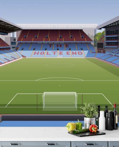 blauwe, kastanjebruine en groene Aston Villa behangmuurschildering genaamd Villa Park Football Stadium voor tienerkamers, mancaves en thuiskantoren
