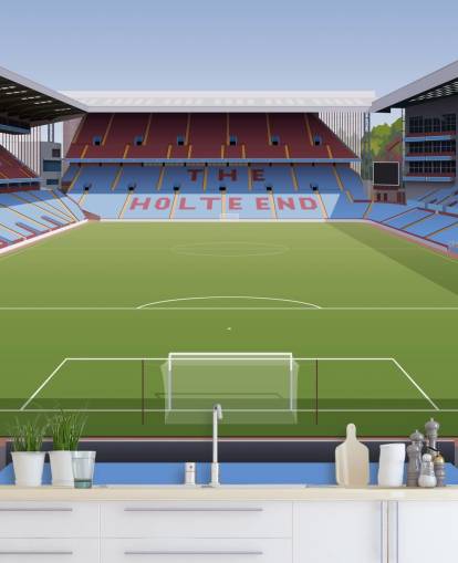 mural de papel pintado de Aston Villa azul, granate y verde llamado Villa Park Football Stadium para dormitorios de adolescentes, cuevas de hombres y oficinas en casa