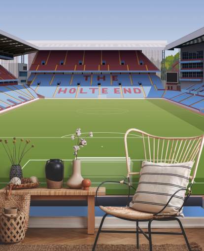 blauwe, kastanjebruine en groene Aston Villa behangmuurschildering genaamd Villa Park Football Stadium voor tienerkamers, mancaves en thuiskantoren blauwe, kastanjebruine en groene Aston Villa behangmuurschildering genaamd Villa Park Football Stadium voor tienerkamers, mancaves en thuiskantoren