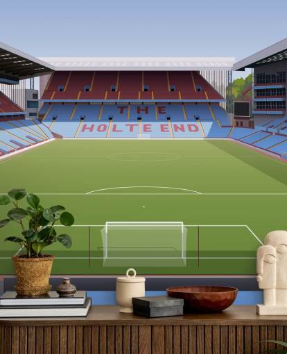 blauwe, kastanjebruine en groene Aston Villa behangmuurschildering genaamd Villa Park Football Stadium voor tienerkamers, mancaves en thuiskantoren blauwe, kastanjebruine en groene Aston Villa behangmuurschildering genaamd Villa Park Football Stadium voor tienerkamers, mancaves en thuiskantoren