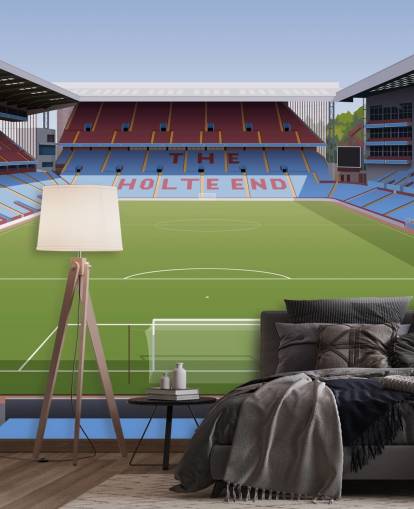 mural de papel de parede azul, marrom e verde do Aston Villa chamado Villa Park Football Stadium para quartos de adolescentes, cavernas masculinas e escritórios domésticos