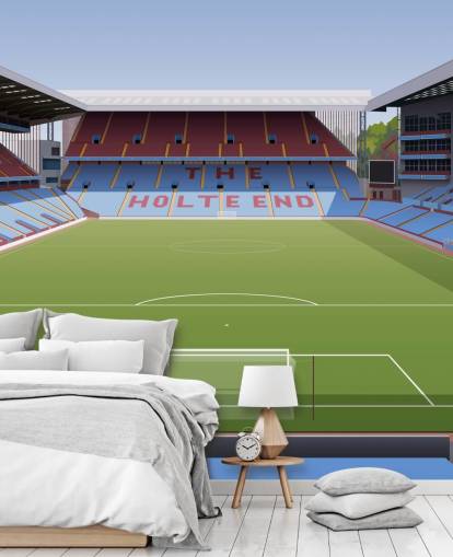 blauwe, kastanjebruine en groene Aston Villa behangmuurschildering genaamd Villa Park Football Stadium voor tienerkamers, mancaves en thuiskantoren