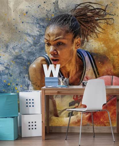 mural de papel de parede de basquete chamado Basketball Player in Action para quartos infantis e clubes esportivos