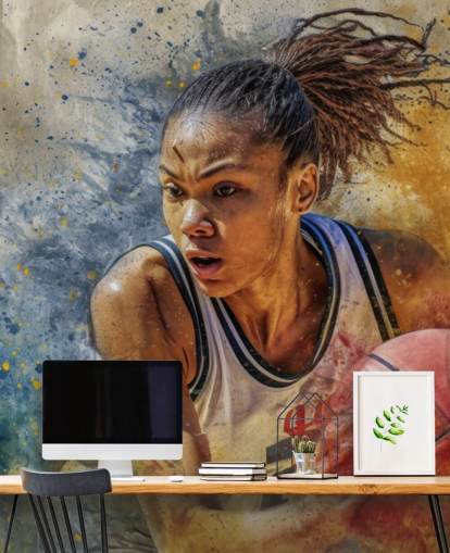 mural de papel de parede de basquete chamado Basketball Player in Action para quartos infantis e clubes esportivos