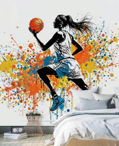 mural de papel de parede de basquete personalizável chamado Abstract Grunge Basketball para quartos e escolas