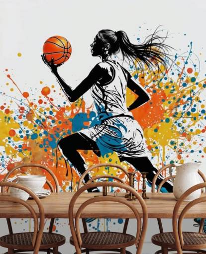 mural de papel pintado de baloncesto personalizable llamado Abstract Grunge Basketball para dormitorios y escuelas