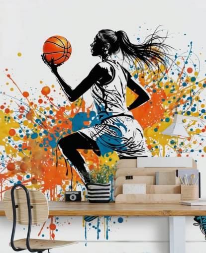 mukautettava koripallon taustakuvamaalaus nimeltä Abstract Grunge Basketball makuuhuoneisiin ja kouluihin