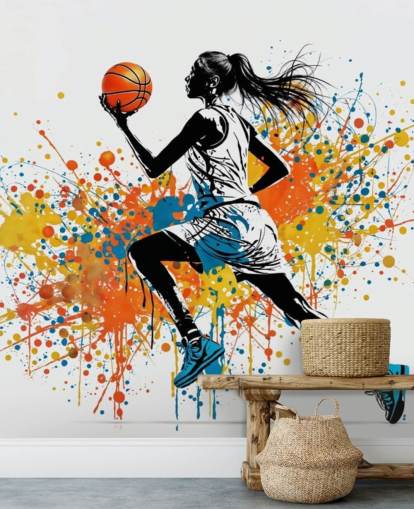 aanpasbare basketbalbehangmuurschildering genaamd Abstract Grunge Basketball voor slaapkamers en scholen aanpasbare basketbalbehangmuurschildering genaamd Abstract Grunge Basketball voor slaapkamers en scholen