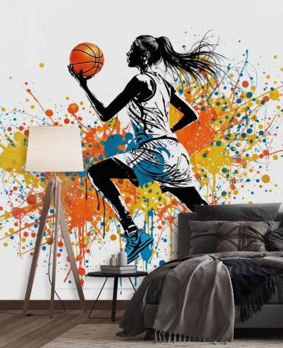 papier peint mural de basket-ball personnalisable appelé Abstract Grunge Basketball pour les chambres et les écoles