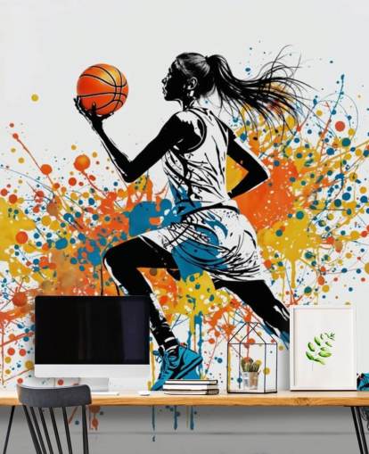 mural de papel de parede de basquete personalizável chamado Abstract Grunge Basketball para quartos e escolas