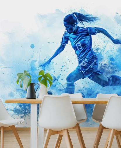 blue customisable soccer wall mural called Blue Watercolour Footballer for children's bedrooms