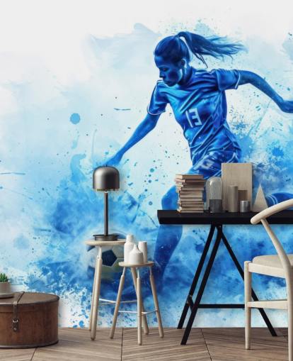 mural de pared de fútbol azul personalizable llamado Blue Watercolour Footballer para dormitorios infantiles